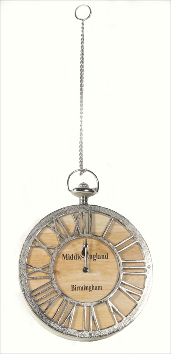 Round Wood & Aluminium Clock Hanging From Metal Chain - Click Image to Close